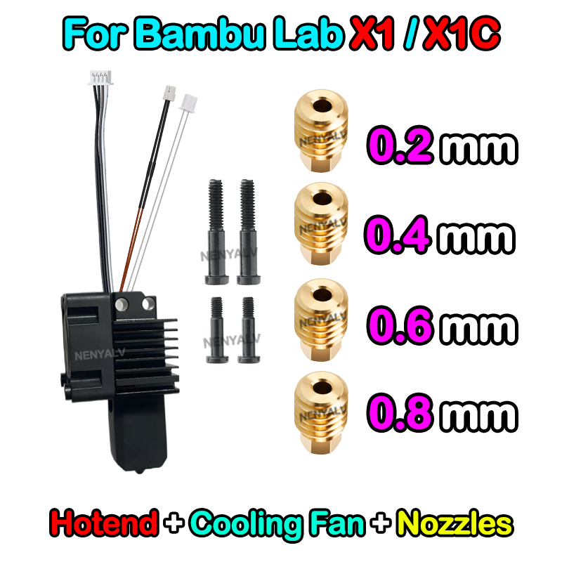Bambu Lab X1/X1C/P1P/P1S Metal Hotend With Cooling Fan Hardened Brass Copper 0.2/0.4/0.6/0.8mm Nozzle 3D Printer: Pink