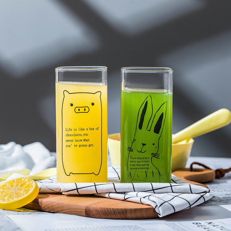 Transparent Square Cup Cute Animal Pattern Glass Cup Household Coffee Milk Breakfast Drink Mug Student Heat-resistant