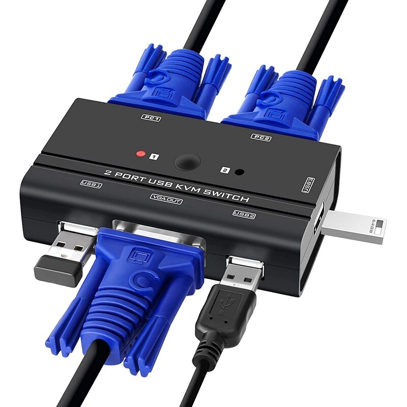 USB VGA KVM Switch with Cables, 2 Port Selector Switcher for 2PC Sharing 1 Video Monitor and 3 USB Devices, Keyboard: Default Title