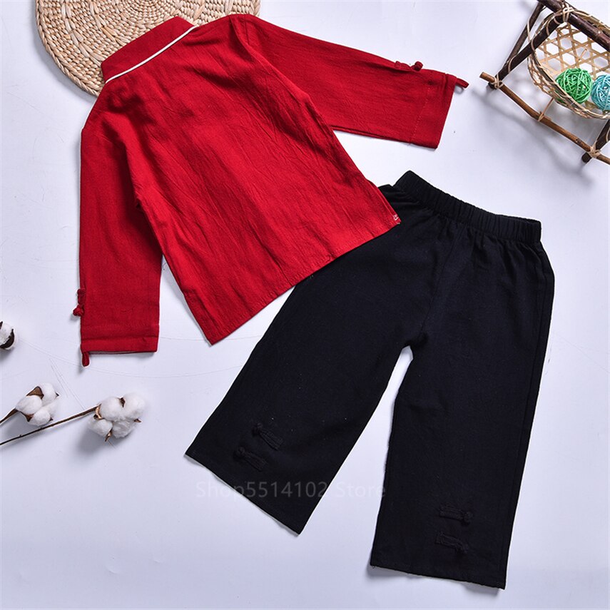 Chinese traditionele hanfu draak borduurwerk kinderen tang pak blouse jongen kungfu kleding meisje chinese top broek kind vintage feest