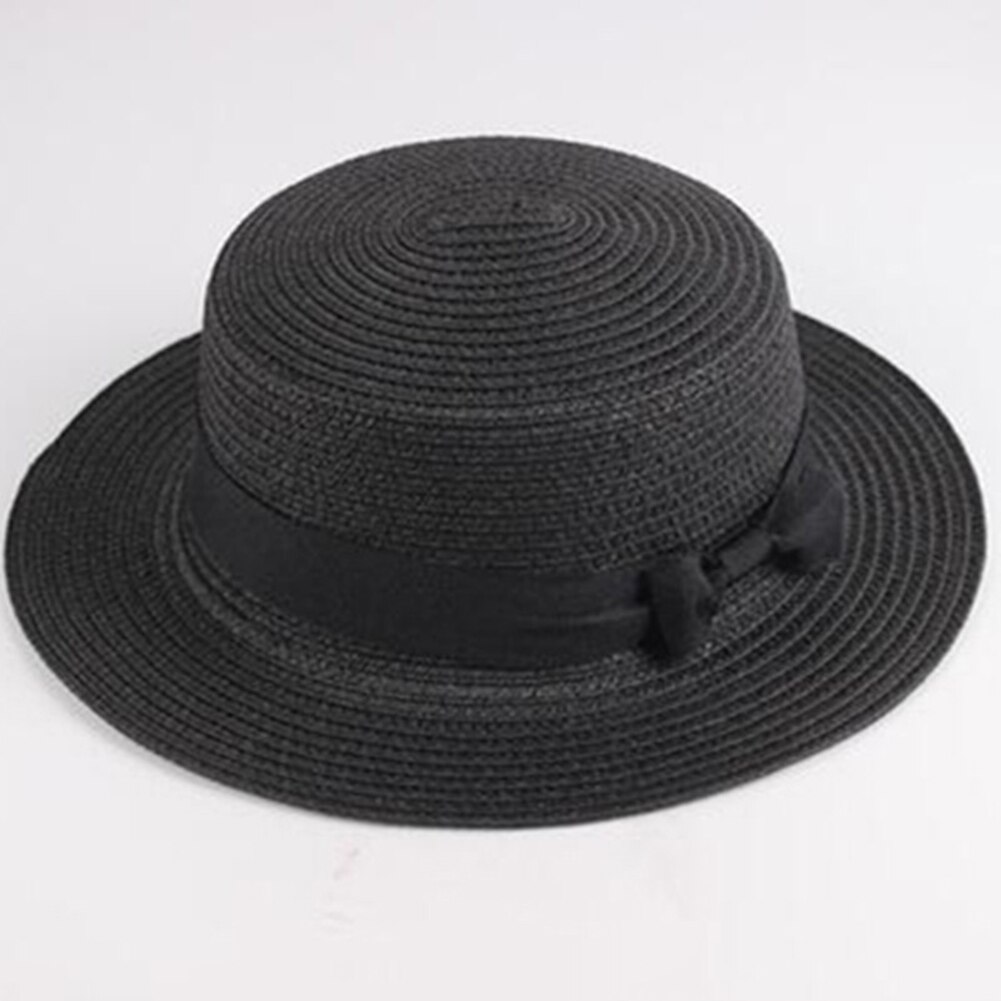 Simple Summer Parent-child Beach Hat Female Casual Panama Hat Lady Women Flat Wide Brim Bowknot Straw cap girls Sun Hat: Black / Child
