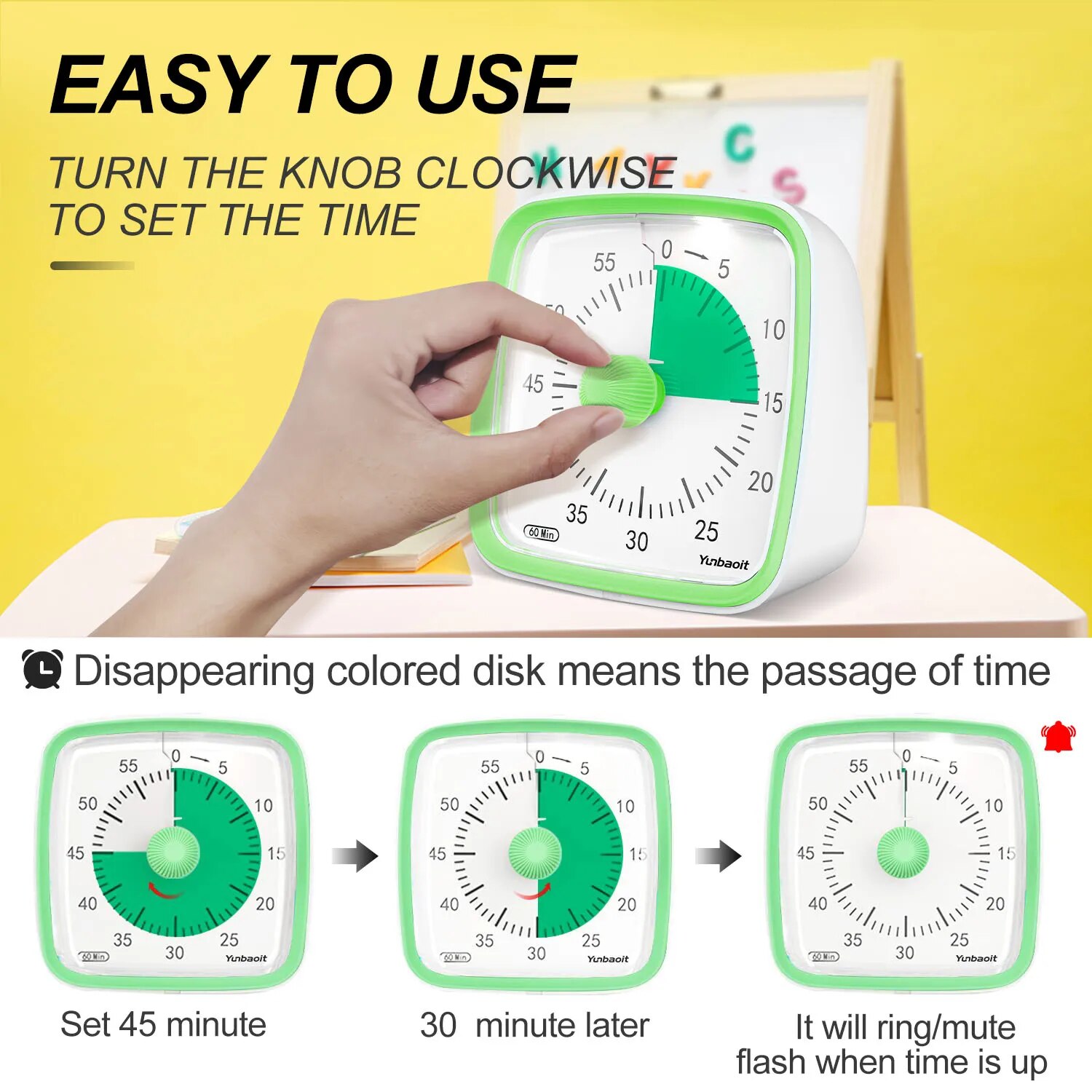 Yunbaoit Visual Timer with Night Light, 60-Minute Countdown Timer for Kids and Adults, Silent Timer for Home, Kitchen, Or School