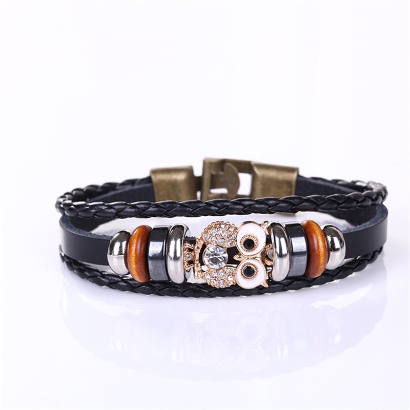 Zoshi pulseira de couro pu com design original, pulseira de coruja de strass com contas, moda feminina, pulseira casual para homens