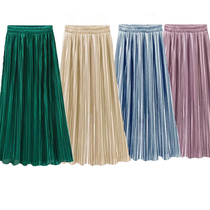 Jupe longue plissée et évasée pour femme, couleur unie, style Vintage, couleur or, , nouveauté