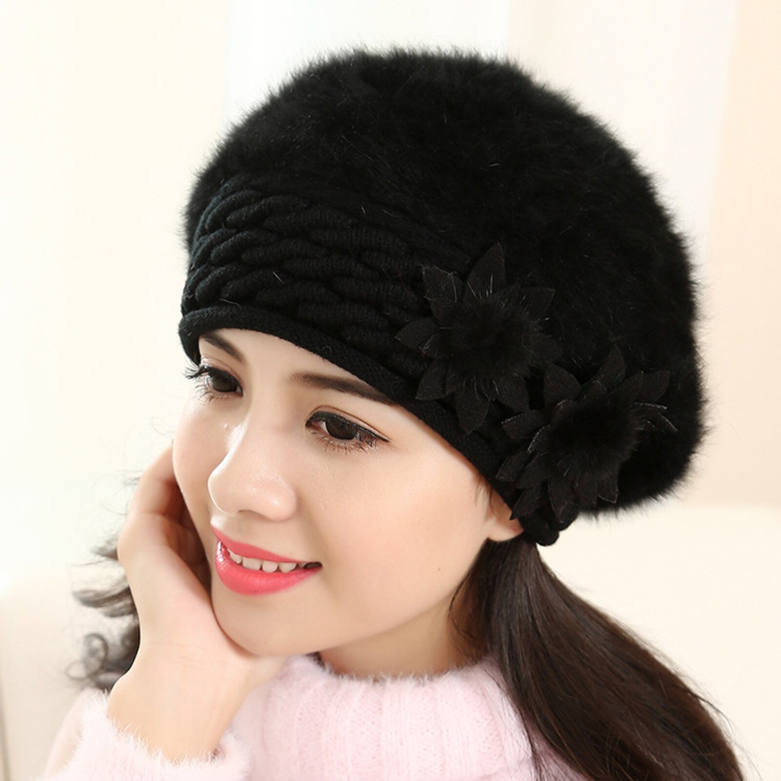 Beret Women Winter Hat Beanie Warm Knit Flower Double Layers Soft Thick Thermal Snow Skiing Outdoor Hats For Female Caps