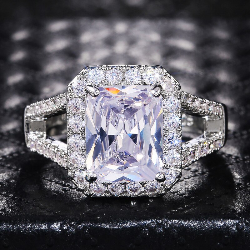 Huitan Luxe Zilver Kleur Vrouwen Trouwringen Dazzling Princess Cut Cz Bridal Ceremony Anniversary Ring Mode-sieraden