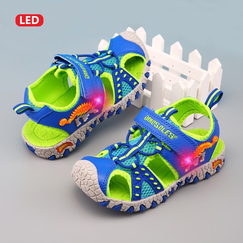 Dino Dinosaurus Led Knippert Zomer Sandalen 4-8Y Jongens Kinderen Cut-Outs Gesloten Teen Little Kids Beach Vlekken Schoenen anti-Slip: Blue-Green-LED / 12.5 (EU size 30)
