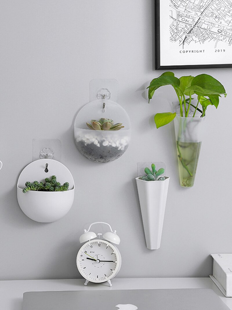 Nordic Plastic White Vases PP Transparent Wall Mount Flower Base Garden Supplies Home Hanging Flower Planter Pots Decor Vases