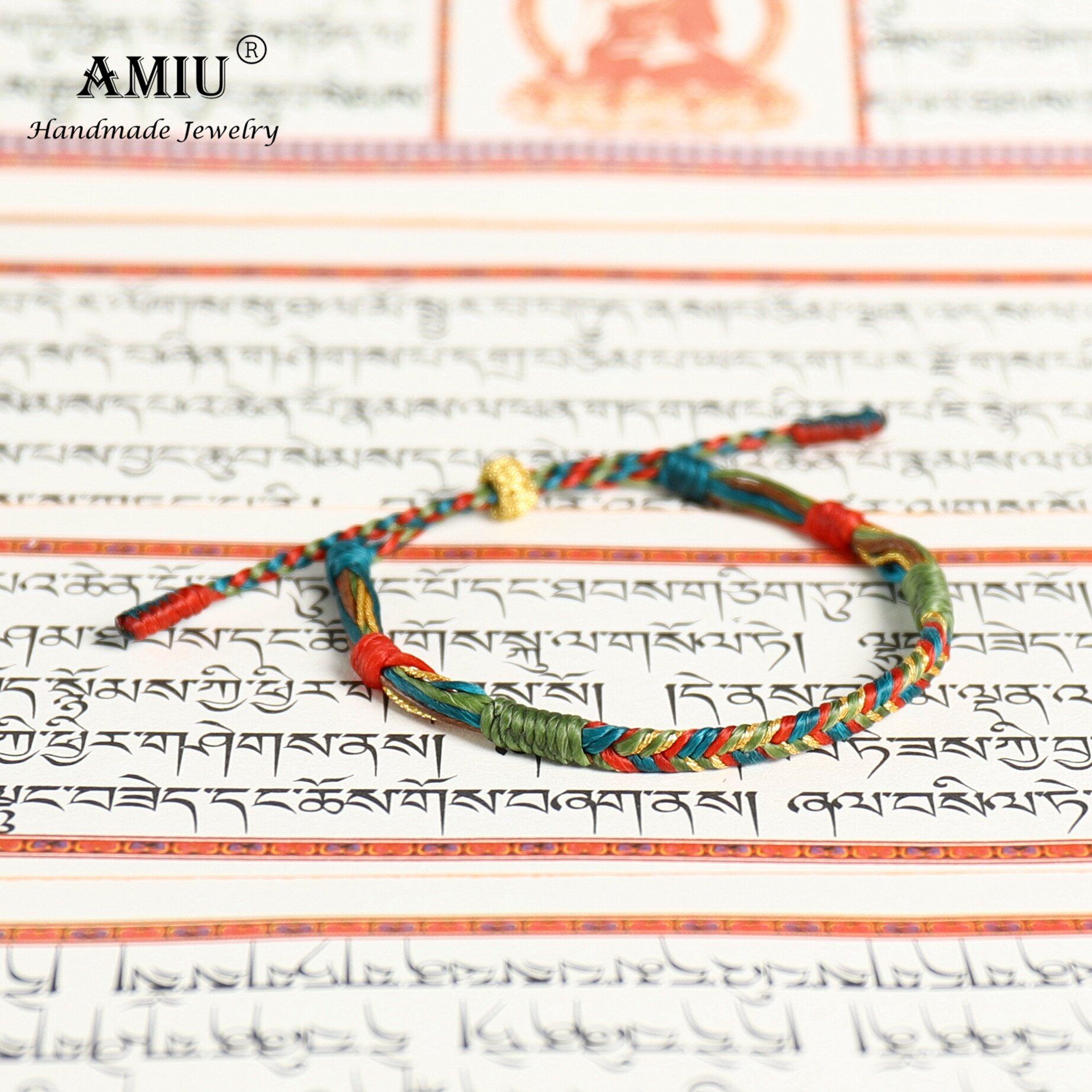 AMIU-pulsera tibetana hecha a mano para mujer y hombre, brazalete de cuerda de la suerte con hilo de cera impermeable, pulseras de macramé