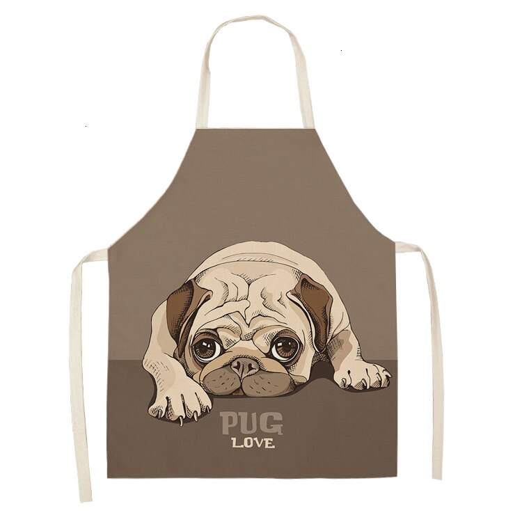 Nette Hund Mops Gedruckt Baumwolle Leinen Ärmel Schürze Küche Schürzen Frauen Hause Kochen Backen Taille Lätzchen Schürze 53*65cm WQL0152: WQL0152-7