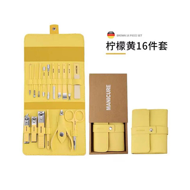 Juego de utensilios para el cuidado de las uñas, cortador de uñas de acero inoxidable, herramientas para el cuidado de las uñas y los pies, herramientas de manicura de belleza, juego portátil de viaje, 16 Uds.: YELLOW