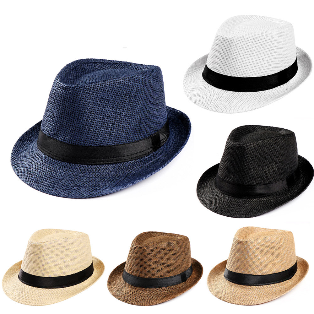 Sombrero para el sol para mujer y hombre, informal de verano, sombrero de paja para el sol para la playa, sombrero Fedora de vaquero, gorra de gángster, sombrero para el sol, sombrero pequeño con protector solar