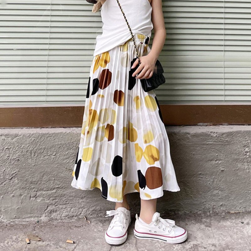 4 to 14 years kids teen girls summer dot circle print pleated maxi skirt child girl casual flare long skirt TB1163