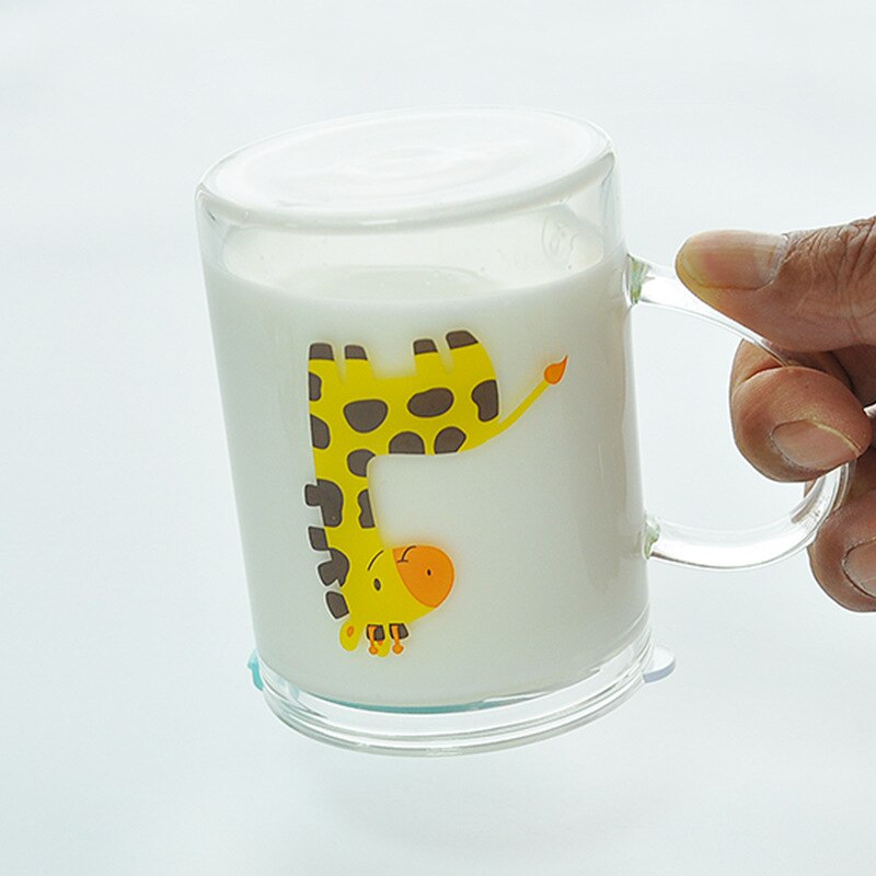 250ML Children Cartoon Cute Animal Pattern Glass Learn To Drink Cup with Straw Lid Milk Drink Mug Heat Resistant Safety Coffee