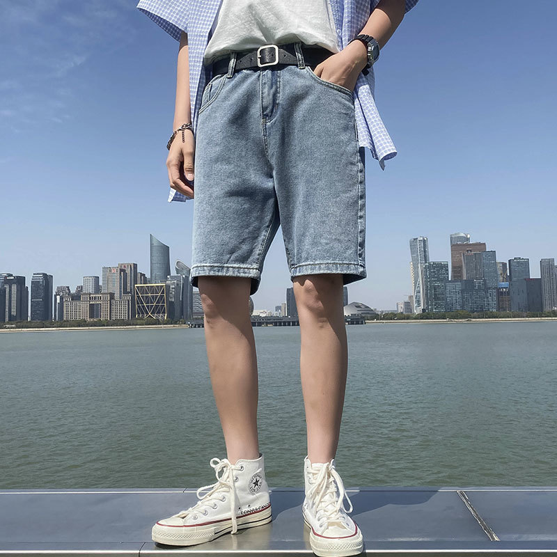 Five-point denim shorts men's summer loose trend straight 5-point pants ins tide summer thin section: 32