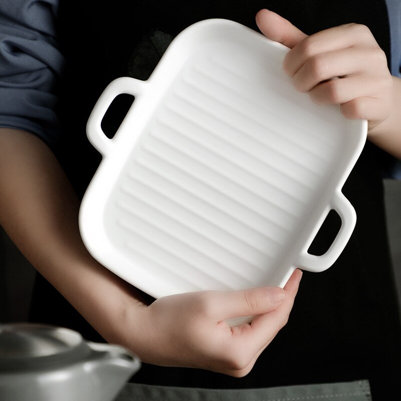 Nordic Ceramic Plate Rectangular Ceramic Plate with Handle Matte Satin Chassis Oven Baking Pan Western Roasted Wing Pan