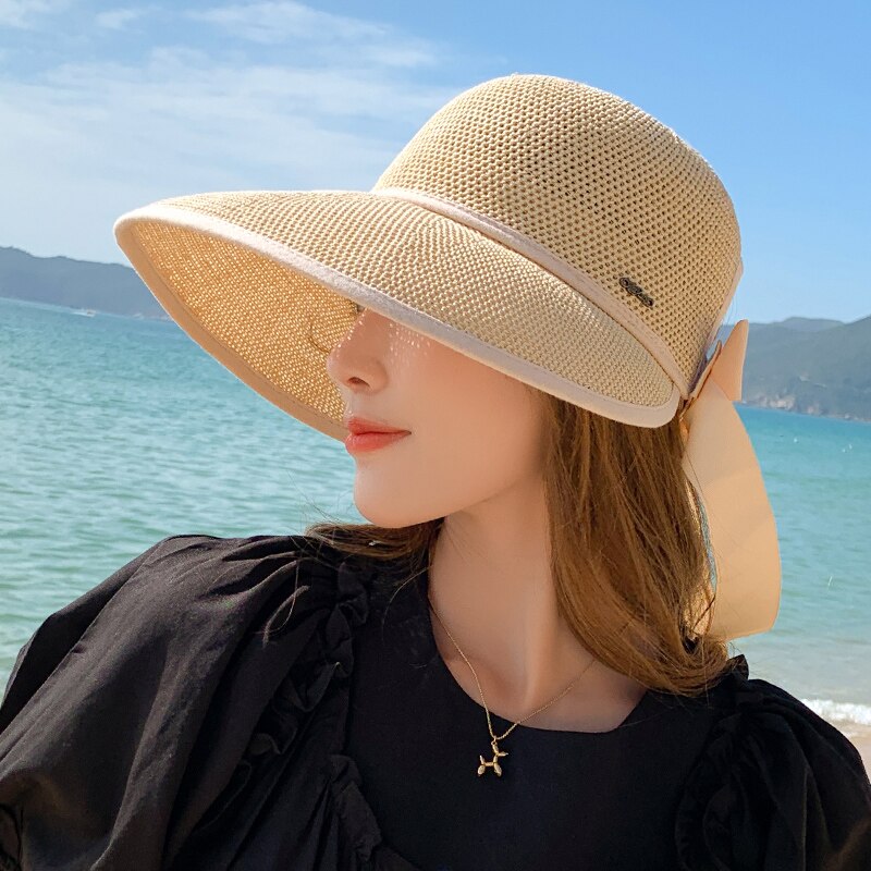 Sombrero de Sol de estilo coreano para mujer, sombrero de Sol de playa anti ultravioleta, ala grande, protector solar, de paja