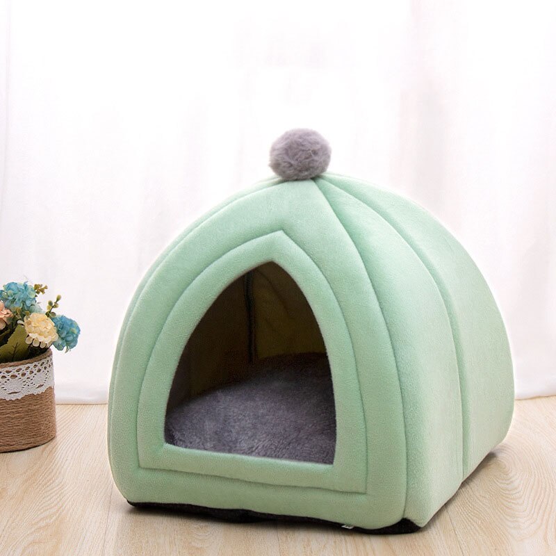Nid de chat pliable en flanelle, maison d'intérieur pour chiens, tapis de chenil, petite grotte chaude, sac de couchage, produit pour animaux de compagnie: C Green / L 40x40x42cm