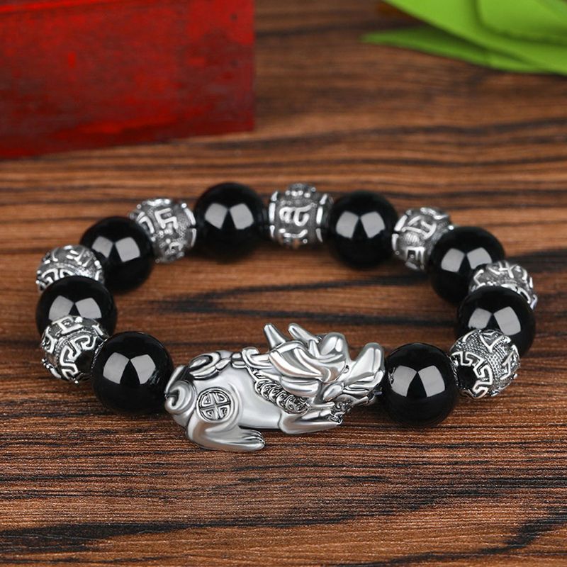 Mannen Zwart Obsidiaan Steen Boeddhisme Zes Woorden Legendarische Bixie Bead Armband Trekken Lucky Wealth Amulet Sieraden