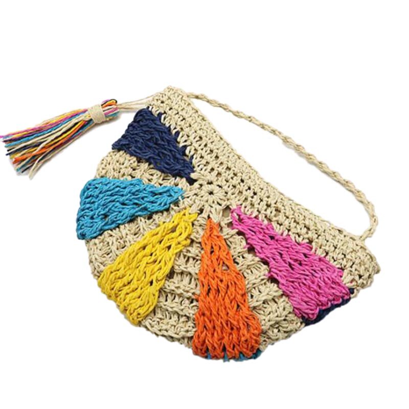 Gehaakte zomer strandtassen kleurrijke stro tas bohemian kwast schoudertas rotan gebreide tas: Default Title