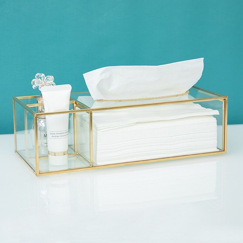 Gold Tissue Box Rectangular Clear Glass Paper Tissue Box for Home Tissue Dispenser Geometric Glass Tissue Box