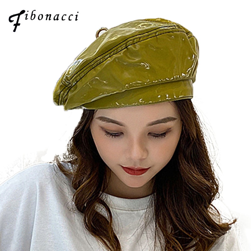 Fibonacci hat pu baret hatte til kvinder lakskind baretter fire paneler hun cap grøn fransk maler hat