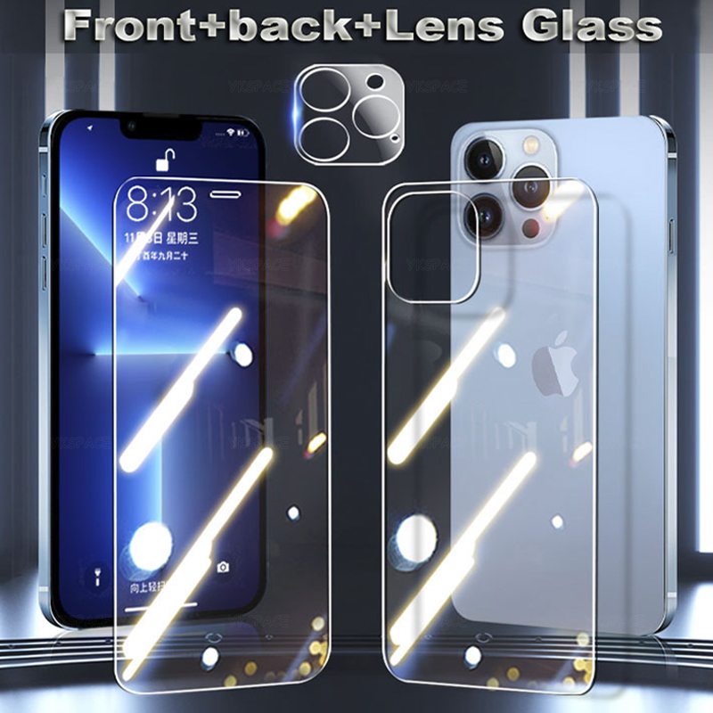 Lente de cámara de cristal frontal y trasera, vidrio templado 9H para iPhone 12 16 Pro Max 13 mini 14 Plus, película protectora de pantalla transparente 3 en 1