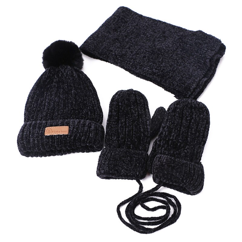 Børn vinter pom hat tørklæde handsker sæt udendørs tykke varme vanter cap tørklæde sæt børn søde ensfarvet beanie hat med foring: -en
