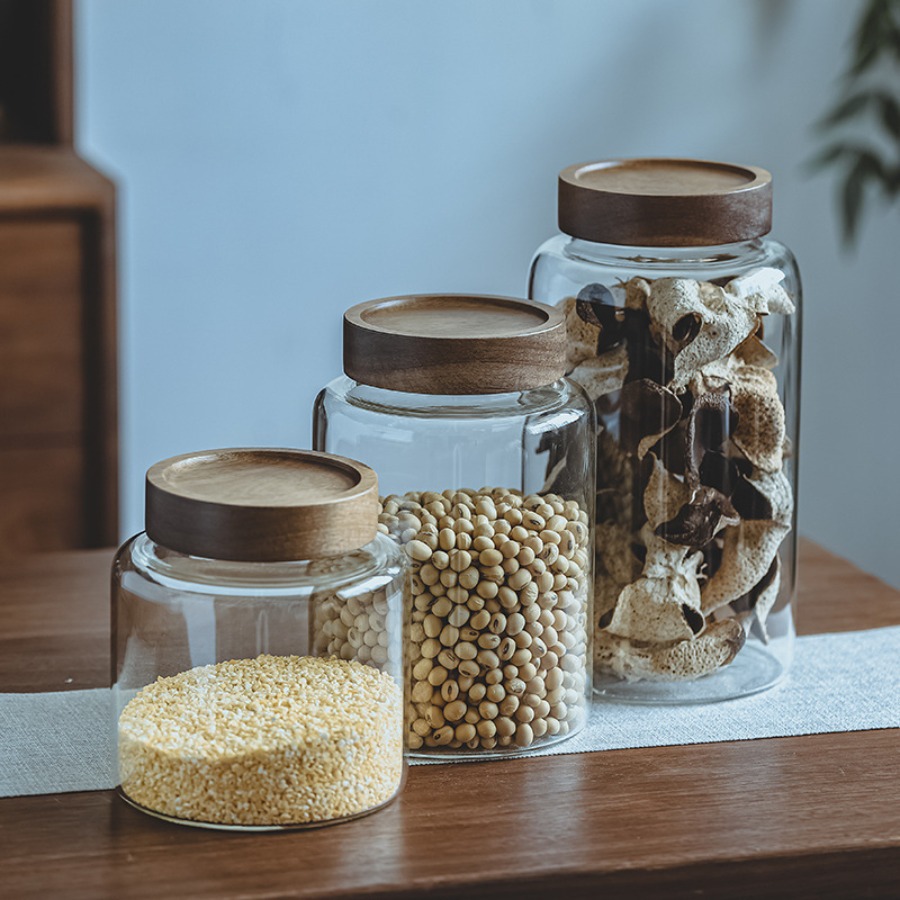 Neue kleine Vorratsdosen aus Glas mit luftdichten Deckeln, Kaffeebehälter mit Holzdeckel, Glas-Speisekannen für Bohnen, Reis, Zucker