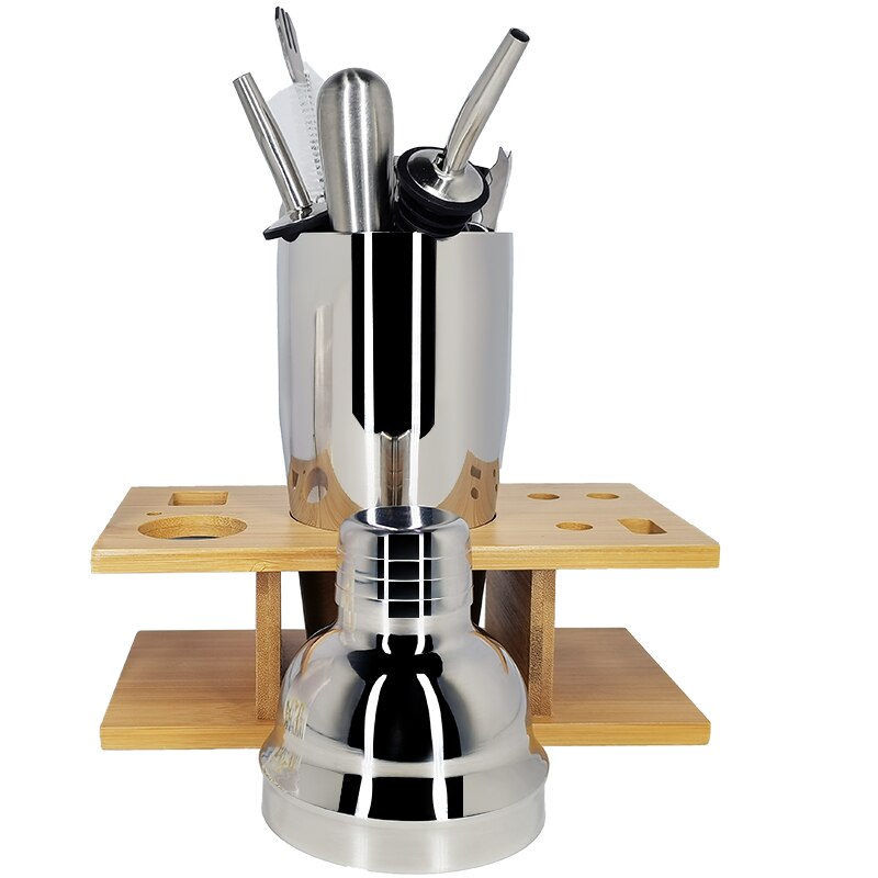 1-9 Pcs Stainless Steel Cocktail Shaker Bar Tools with Wood Stand Muddler Strainer Ice Clip Bottle Stopper Recipe Book