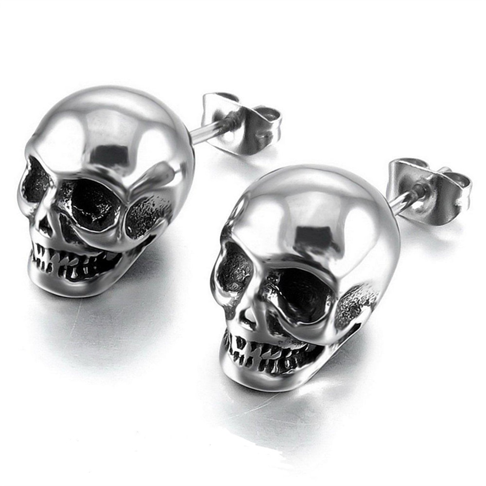 Punk skull øreringe til mænd drenge cool sølv farve smykker hip-hop ørestikker vintage rock skelet øreringe