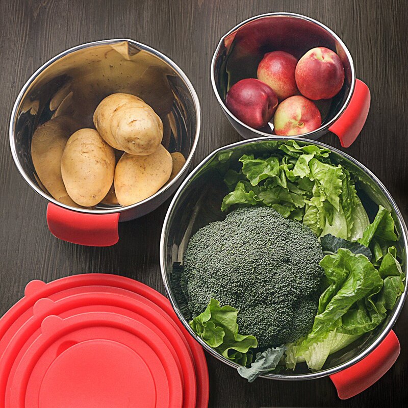 Recipientes de mezcla de ingredientes de acero inoxidable, mezclador de pan, ensalada, cocina, con tapa y cepillador, DIY