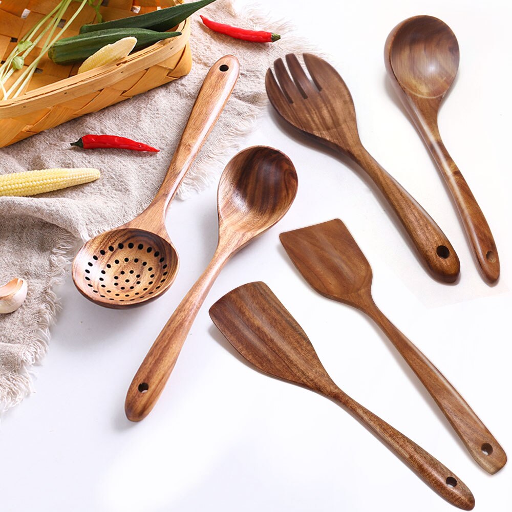 GEEKHOM Wooden Cooking Utensils Set Heat Resistant Cookware Spatula Set Wooden Handle Kitchen Accessories Cooking Tools