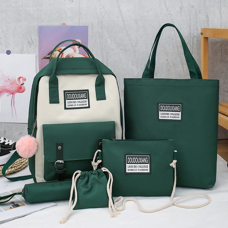 Sacs d&#39;école en toile pour adolescentes, 5 pièces, nouvelle tendance, sac à dos en Nylon pour femmes, sac à bandoulière pour enfants: Green