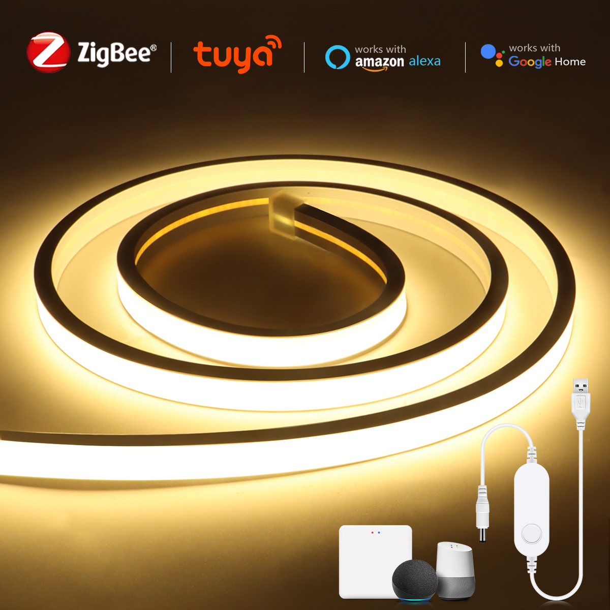 Tira de luces LED COB inteligente ZigBee 3,0 USB 5V, funciona con Tuya HUB Bridge Echo Plus APP/Alexa, lámpara Wifi de ambiente con Control por voz: De Color5 / 3 m