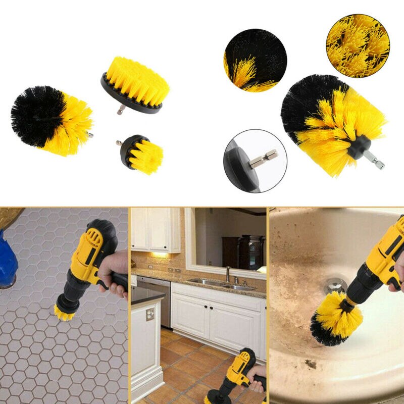 3PCS Round Electric Bristle Brush Tub Rotary Cleaning Tool Set Attachment Nylon Brushes Tub Cleaner Kit Wood Grinding Polishing
