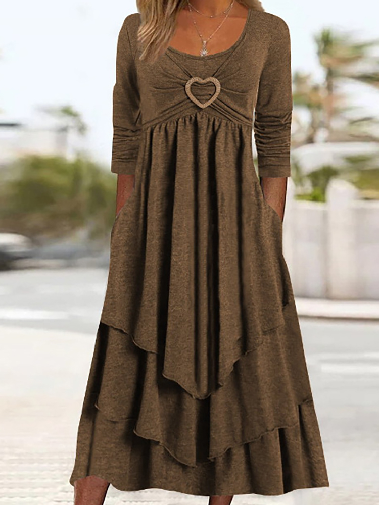 Office Women Patchwork Pockets Midi Dress Round Neck Basic Solid Long Sleeve Dress Lady Casual Summer Ruffles Club Dress
