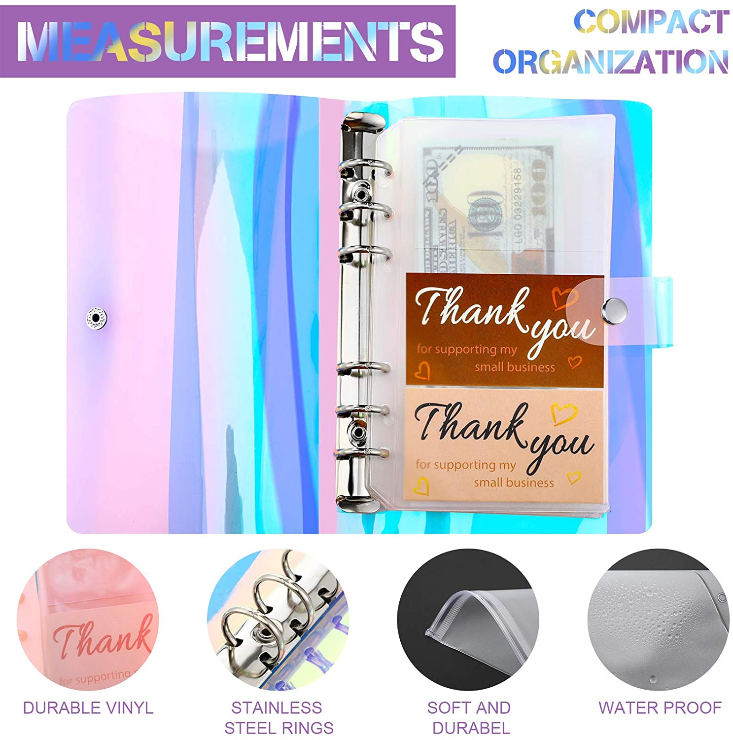 28 Pieces A6 Binder PVC Notebook Waterproof 6-Ring Binder Cover with Pockets Budget Sheets Card Bag and Labels