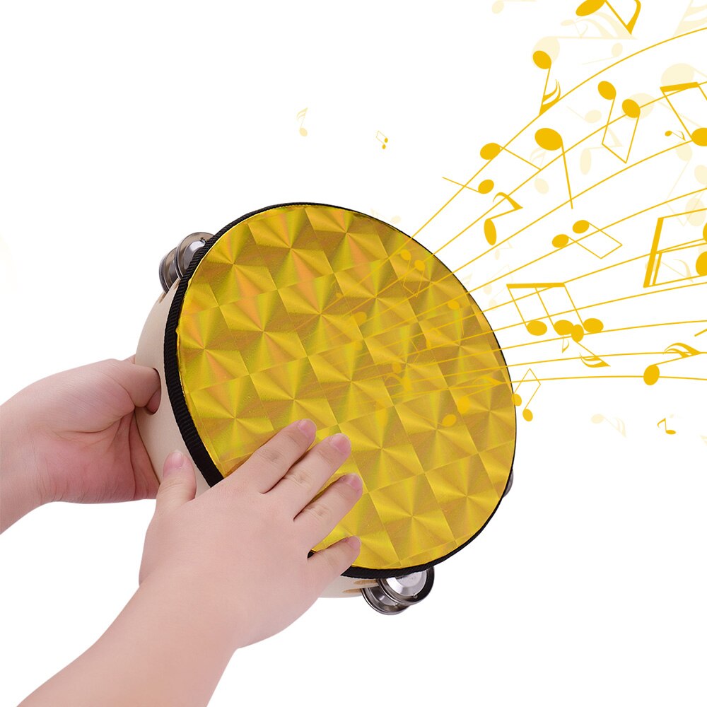 8 Inch Wooden Radiant Tambourine Handbell Hand Drum with Double Row Jingles Reflective Drum Percussion Instrument Musical Toy: Yellow