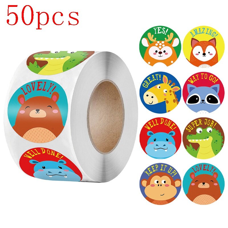 50-500pcs 1inch round good job cute animal teacher reward deco stickers korean logo stickers scrapbook paper Fridge stickers: HY2022-13-50pcs