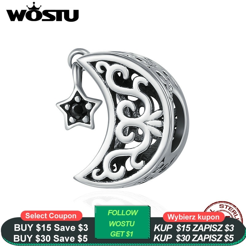 WOSTU Luxury 925 Sterling Silver Openwork Moon and Star Goodnight Charm Beads fit Bracelet DIY Jewelry Valentine Day CQC483