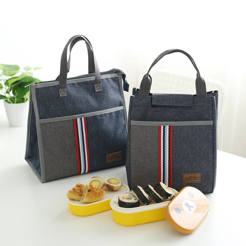 Women Insulated Oxford Lunch Bag Cotton Denim Blue Portable Thermal Lunch Box for Kids Food Cooler Bags Picnic Tote