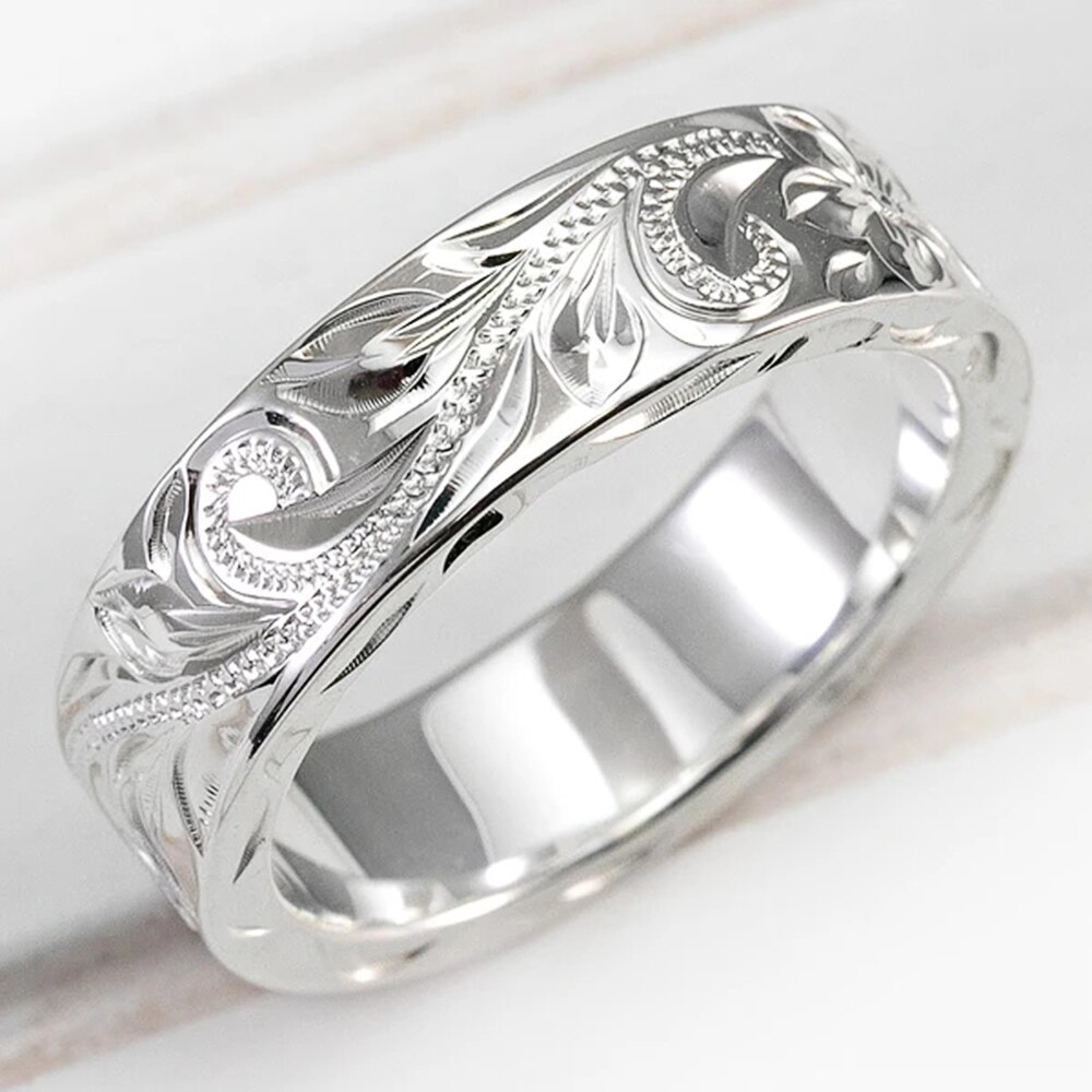 Huitan Trendy Engraved Flower Leaf Pattern Women Wedding Band Rings Romantic Accessories for Lover Versatile Jewelry