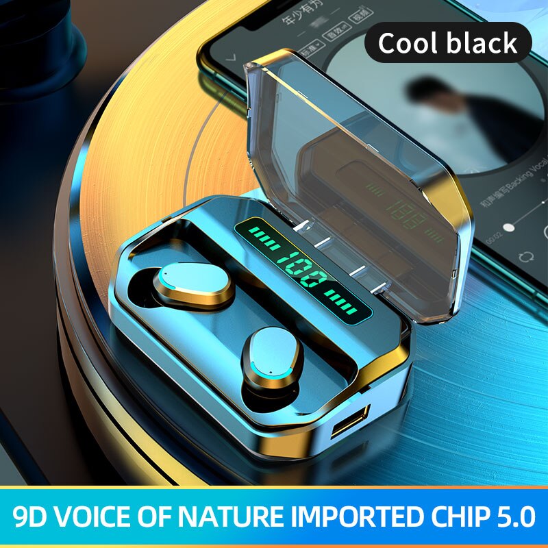 Bluetooth 5.0 ta på-kontroll trådløst musikkhodesett øreplugg med ledet-skjerm ladeboks egnet vanntett hifi stereo 2200 mah: Svart