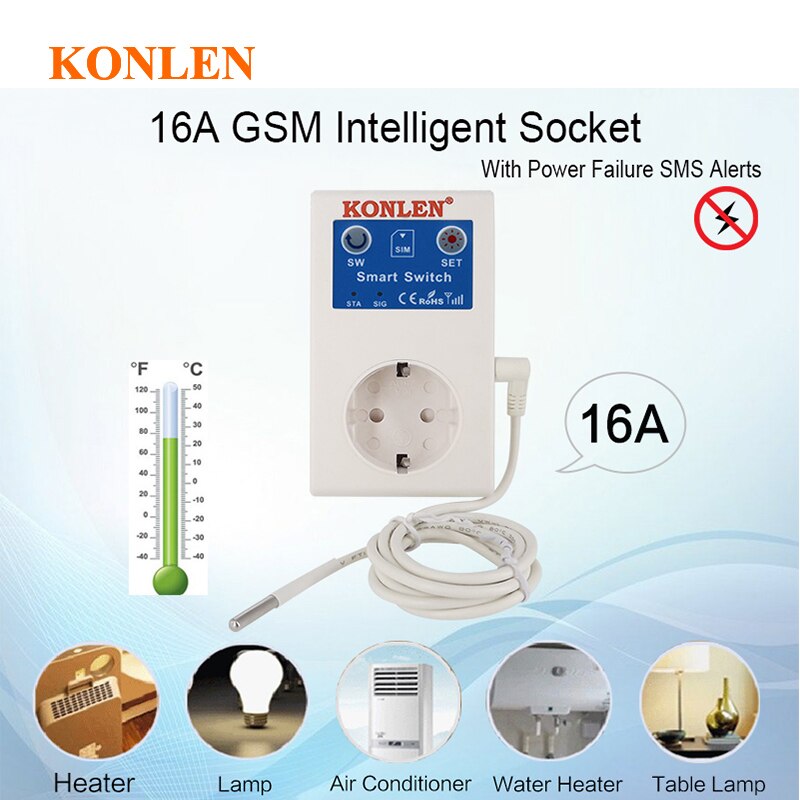 KONLEN 16A GSM Socket SMS Power On Off Alarm Outlet Relay Smart Switch Remote Control Intelligent Temperature Sensor Controller