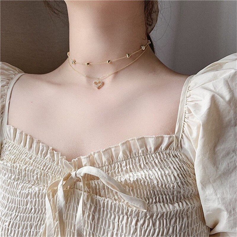 Double layer Chain Heart Choker Necklace For Women Gold Chain Korean Style Collar Female Chocker Aesthetic Jewelry