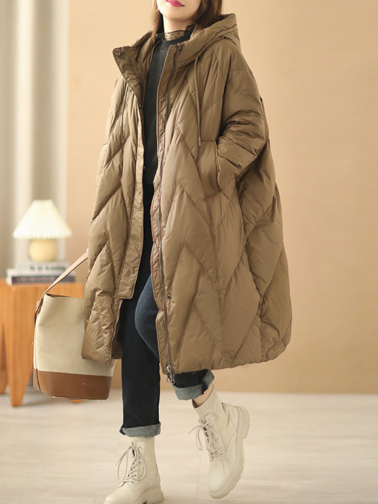 Janveny Women Loose Long Coat 90% White Duck Down Jacket Women Winter Female Overcoat Winter Hooded Puffer Feather Parkas: XL / Khaki