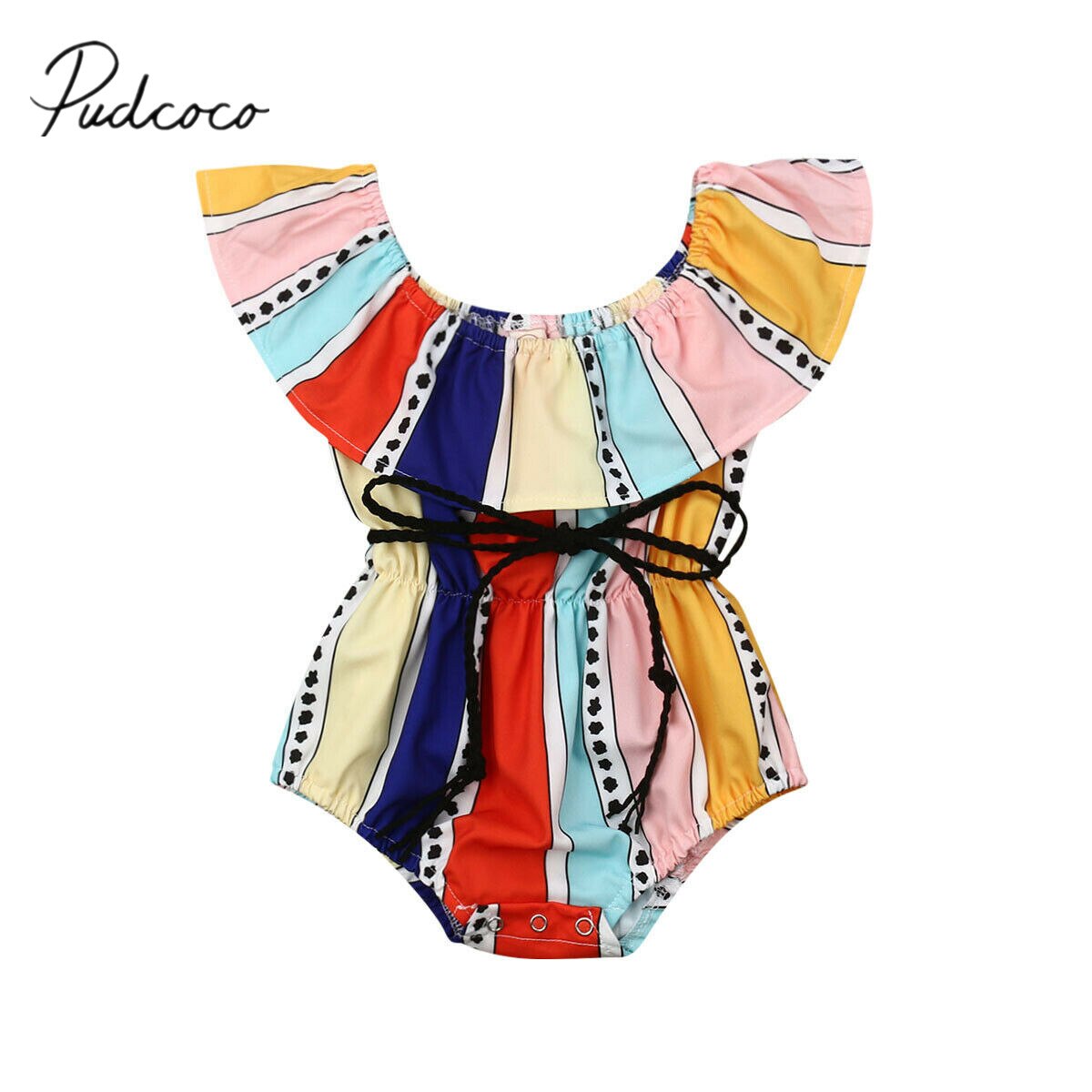 Baby Summer Clothing 0-24M Infant Toddler Baby Kid Girl Colorful Striped Bodysuit Off Shoulder Jumpsuit Sunsuit Clothes