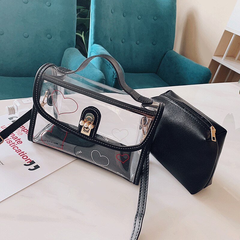 Women PVC Transparent Handbag See-through Beach Bag Clear Jelly Purse Clutch Tote PU Leather Handbag Messenger Bag