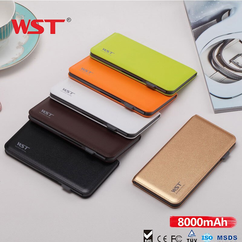 Wst Quick Charge Powerbank 8000Mah Ultra Dunne Externe Draagbare Batterij Met Ingebouwde Kabel Voor Ios Android Caricatore Portatile